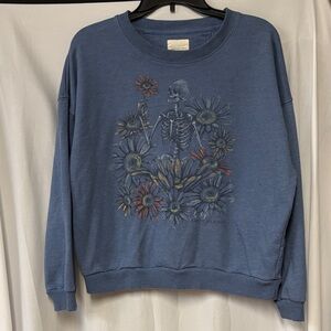 American Eagle Outfitters Blue Floral Skeleton Crewneck Sweater